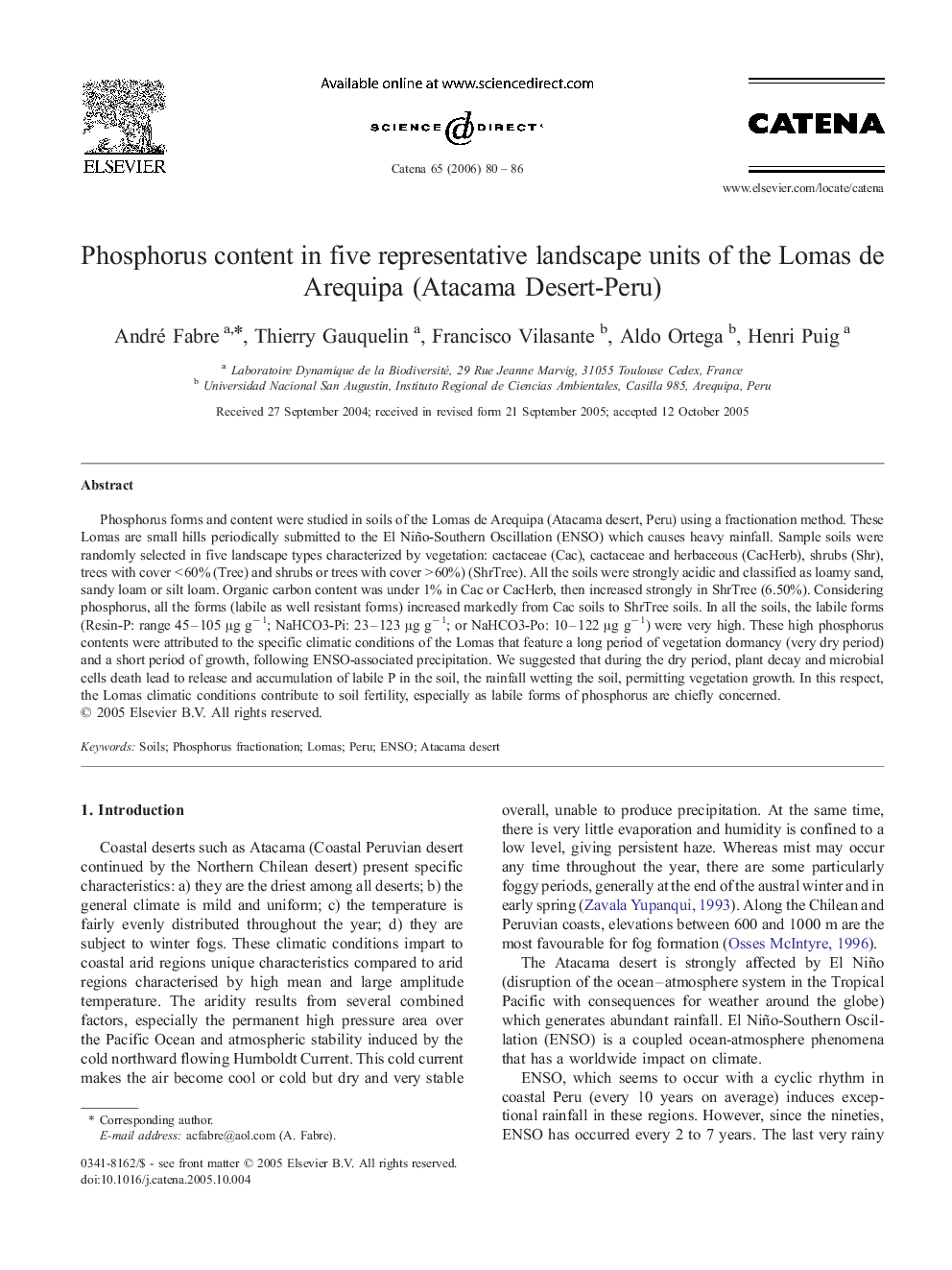Phosphorus content in five representative landscape units of the Lomas de Arequipa (Atacama Desert-Peru)