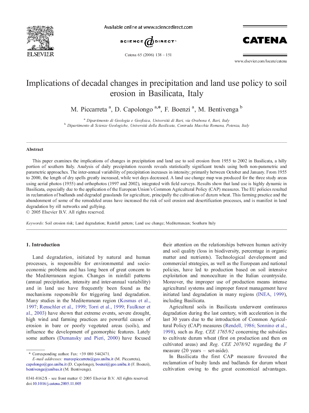 Implications of decadal changes in precipitation and land use policy to soil erosion in Basilicata, Italy