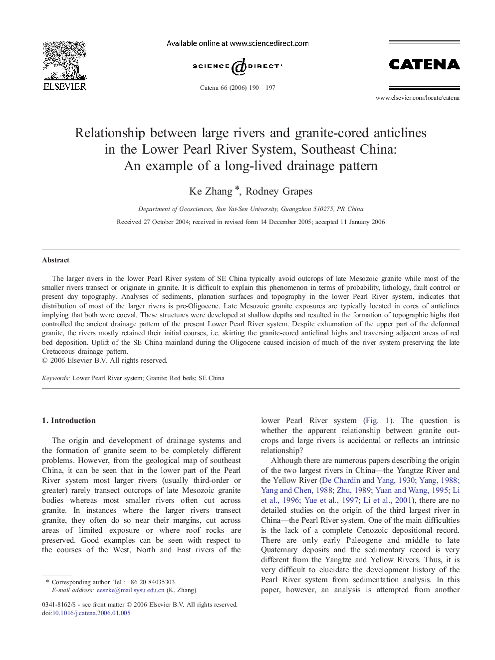 Relationship between large rivers and granite-cored anticlines in the Lower Pearl River System, Southeast China: An example of a long-lived drainage pattern