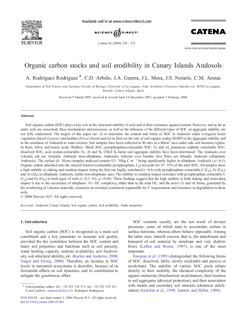 Organic carbon stocks and soil erodibility in Canary Islands Andosols