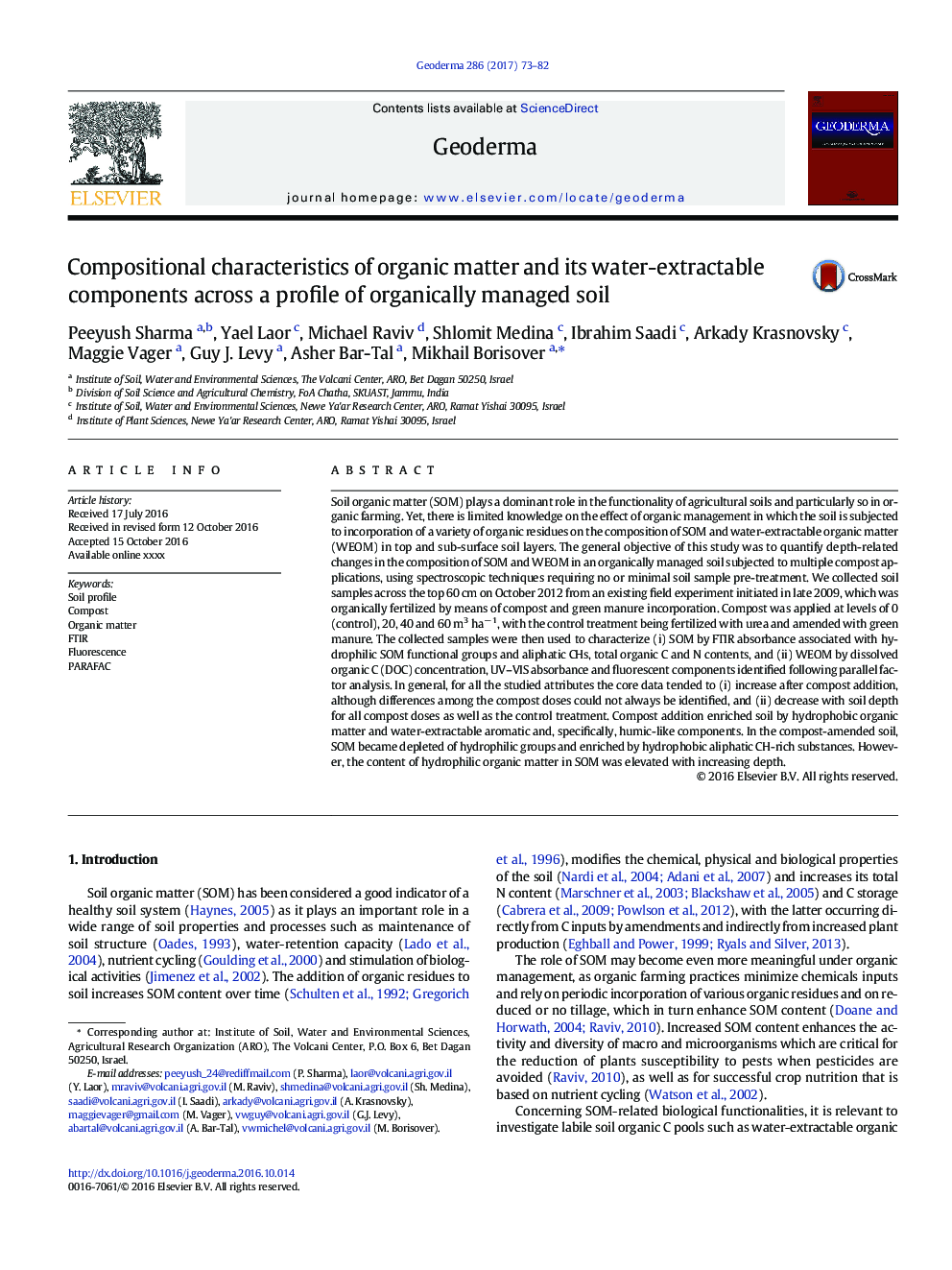 Compositional characteristics of organic matter and its water-extractable components across a profile of organically managed soil