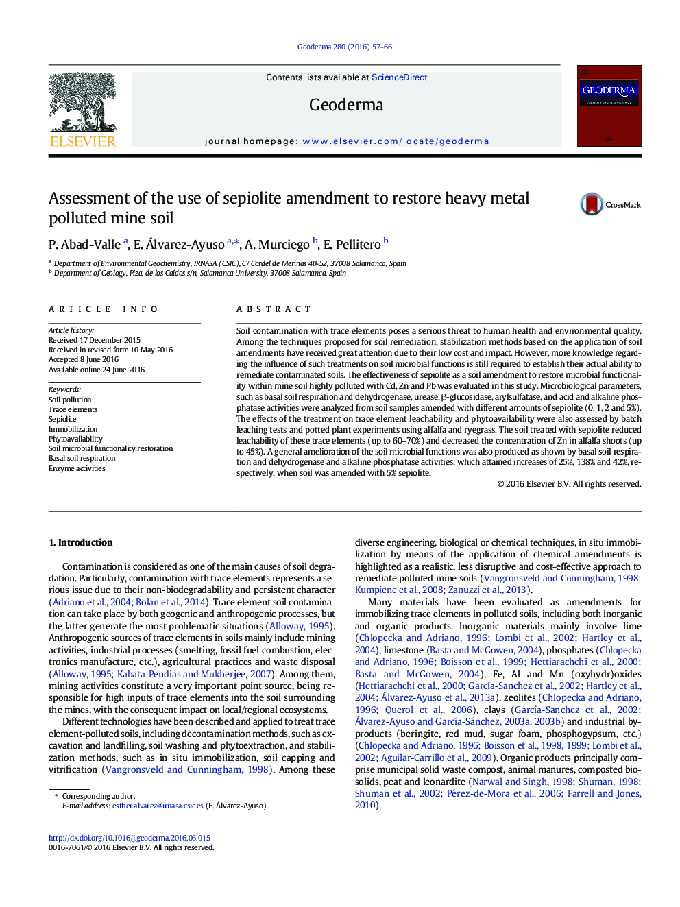 Assessment of the use of sepiolite amendment to restore heavy metal polluted mine soil