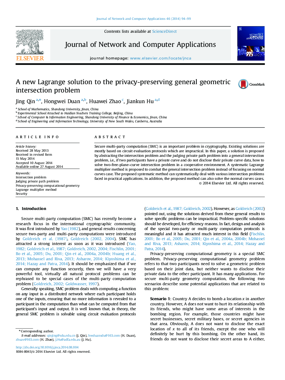 A new Lagrange solution to the privacy-preserving general geometric intersection problem