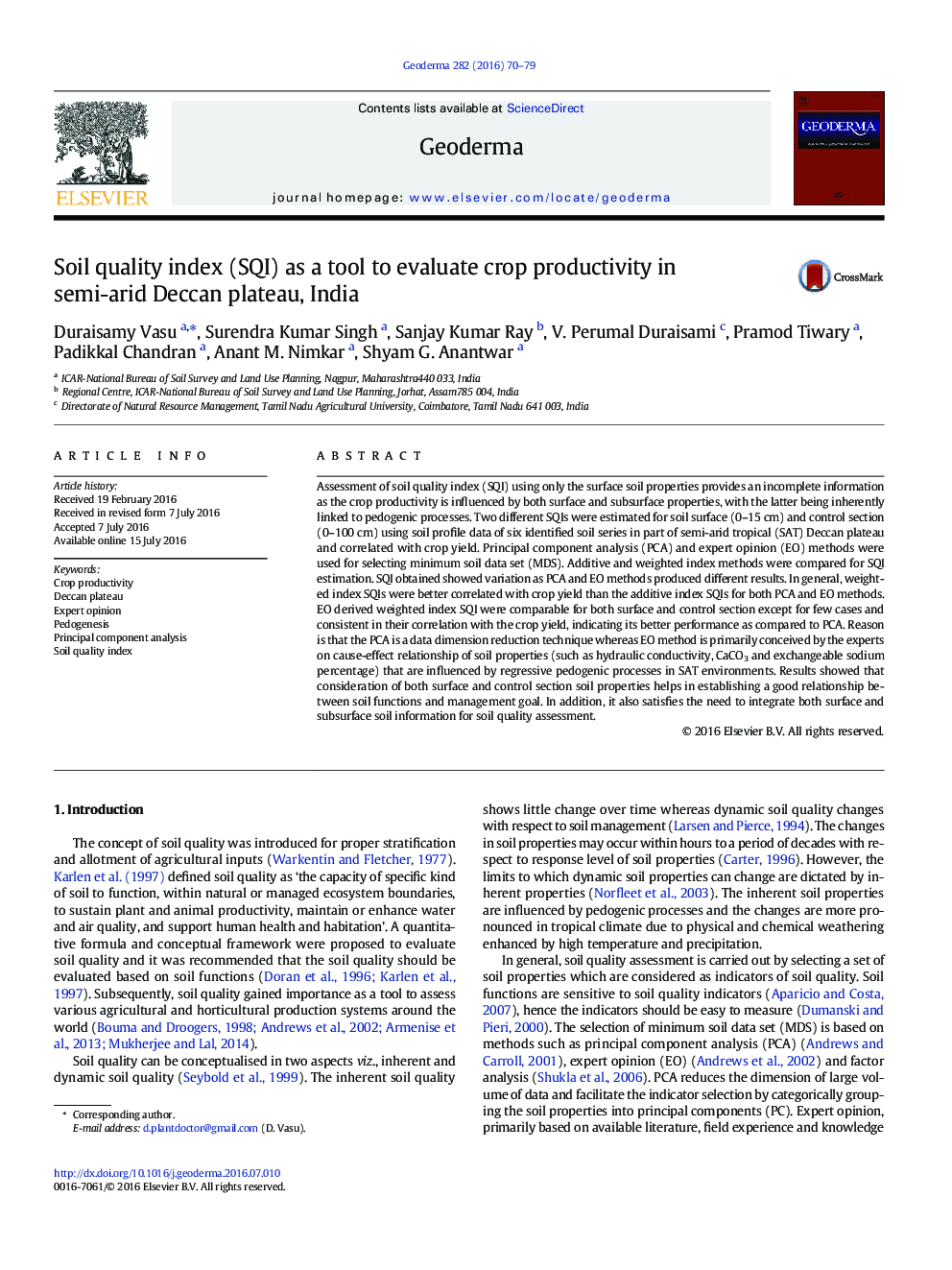 Soil quality index (SQI) as a tool to evaluate crop productivity in semi-arid Deccan plateau, India