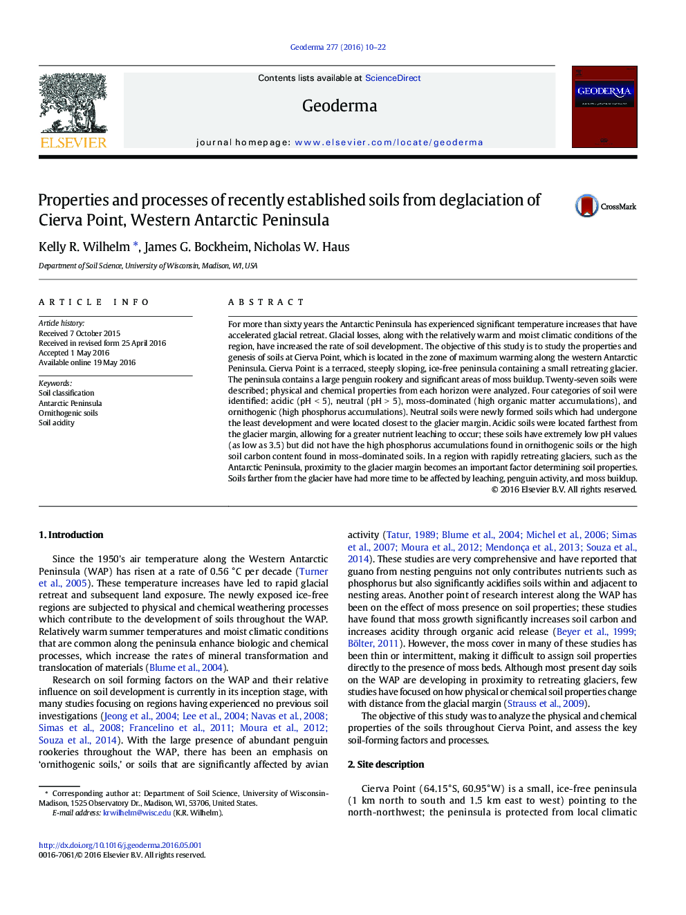 Properties and processes of recently established soils from deglaciation of Cierva Point, Western Antarctic Peninsula