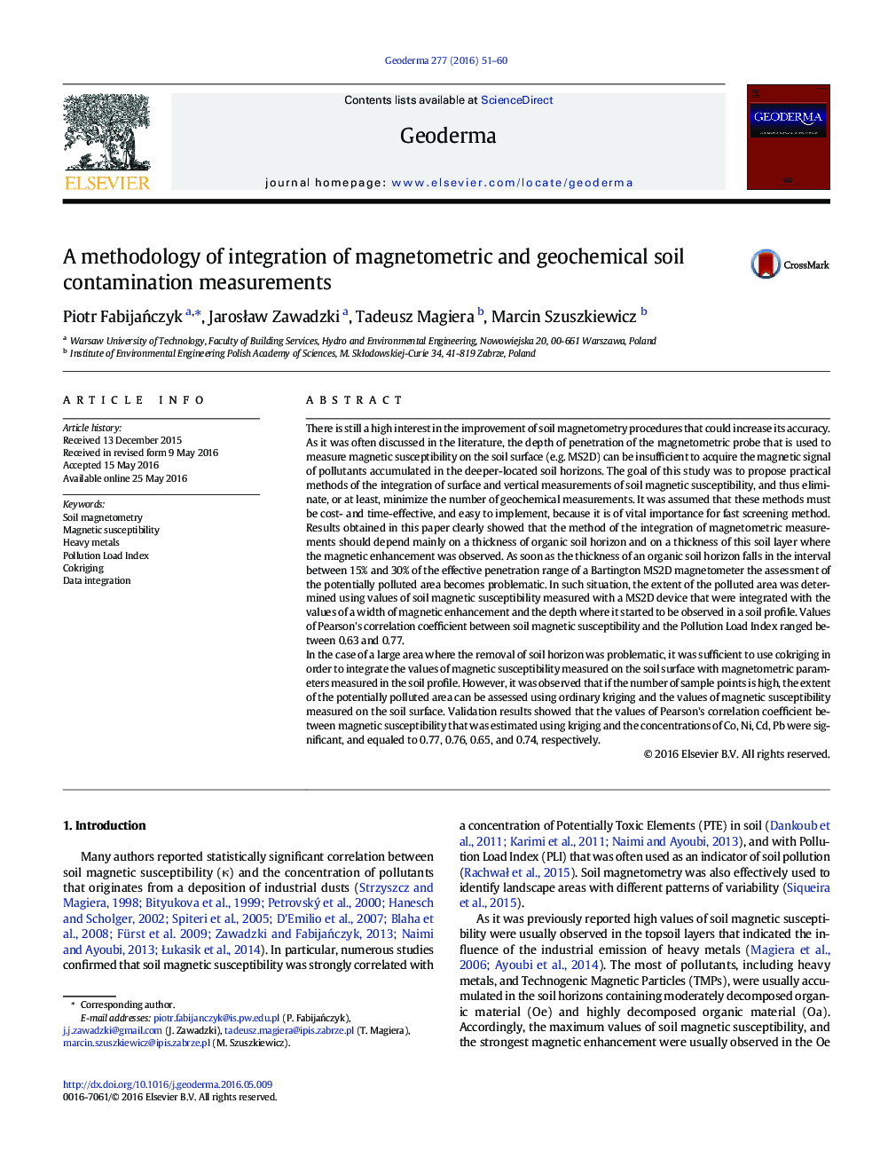 A methodology of integration of magnetometric and geochemical soil contamination measurements