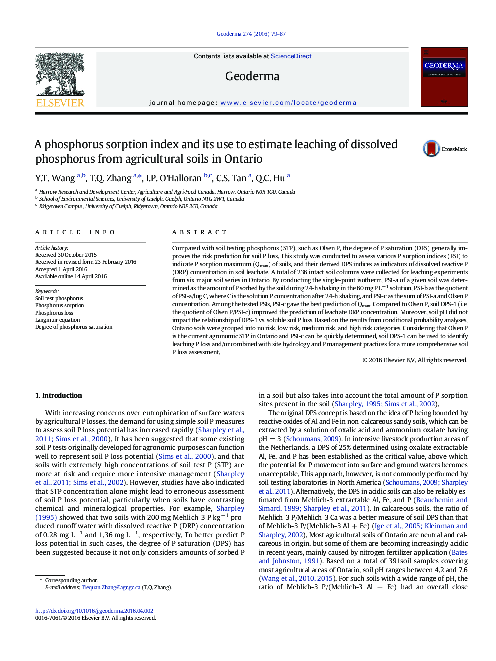 A phosphorus sorption index and its use to estimate leaching of dissolved phosphorus from agricultural soils in Ontario