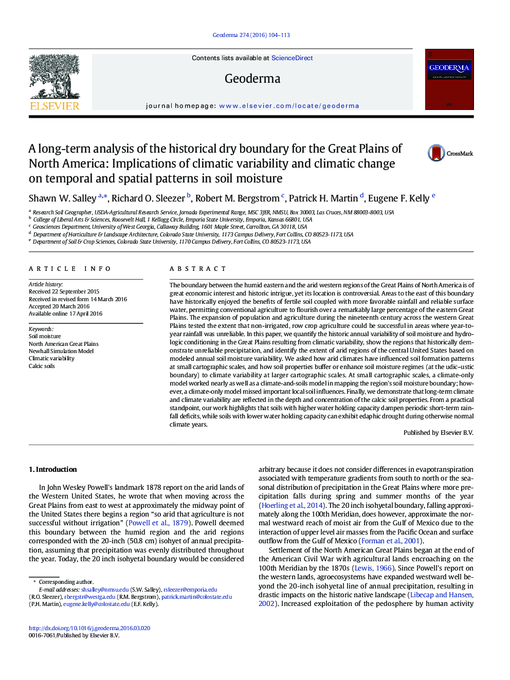 A long-term analysis of the historical dry boundary for the Great Plains of North America: Implications of climatic variability and climatic change on temporal and spatial patterns in soil moisture