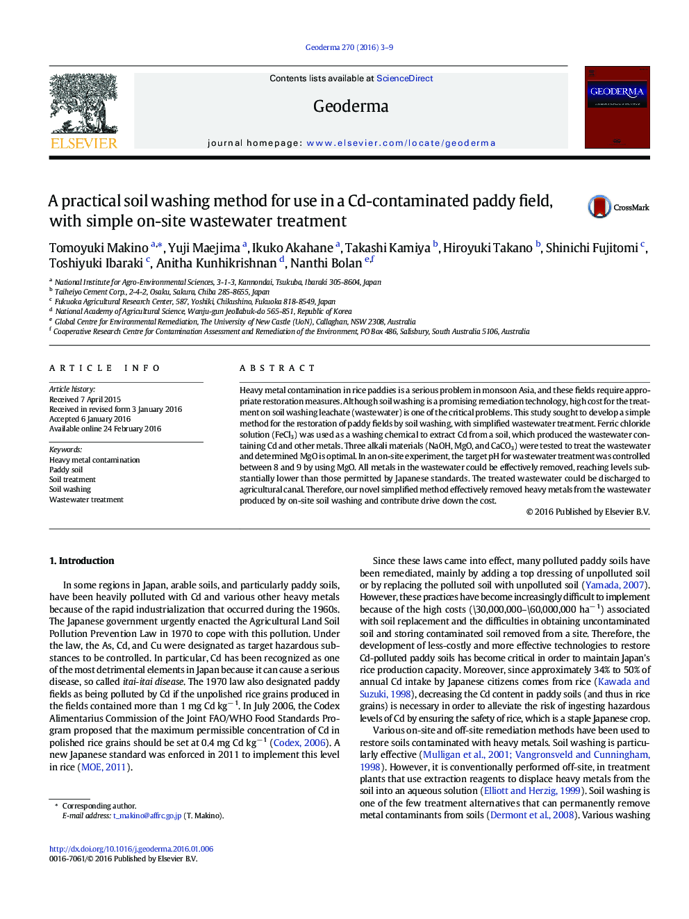 A practical soil washing method for use in a Cd-contaminated paddy field, with simple on-site wastewater treatment