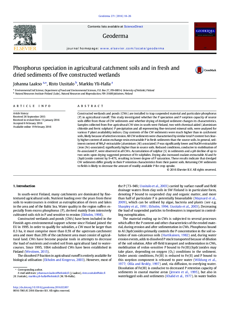 Phosphorus speciation in agricultural catchment soils and in fresh and dried sediments of five constructed wetlands