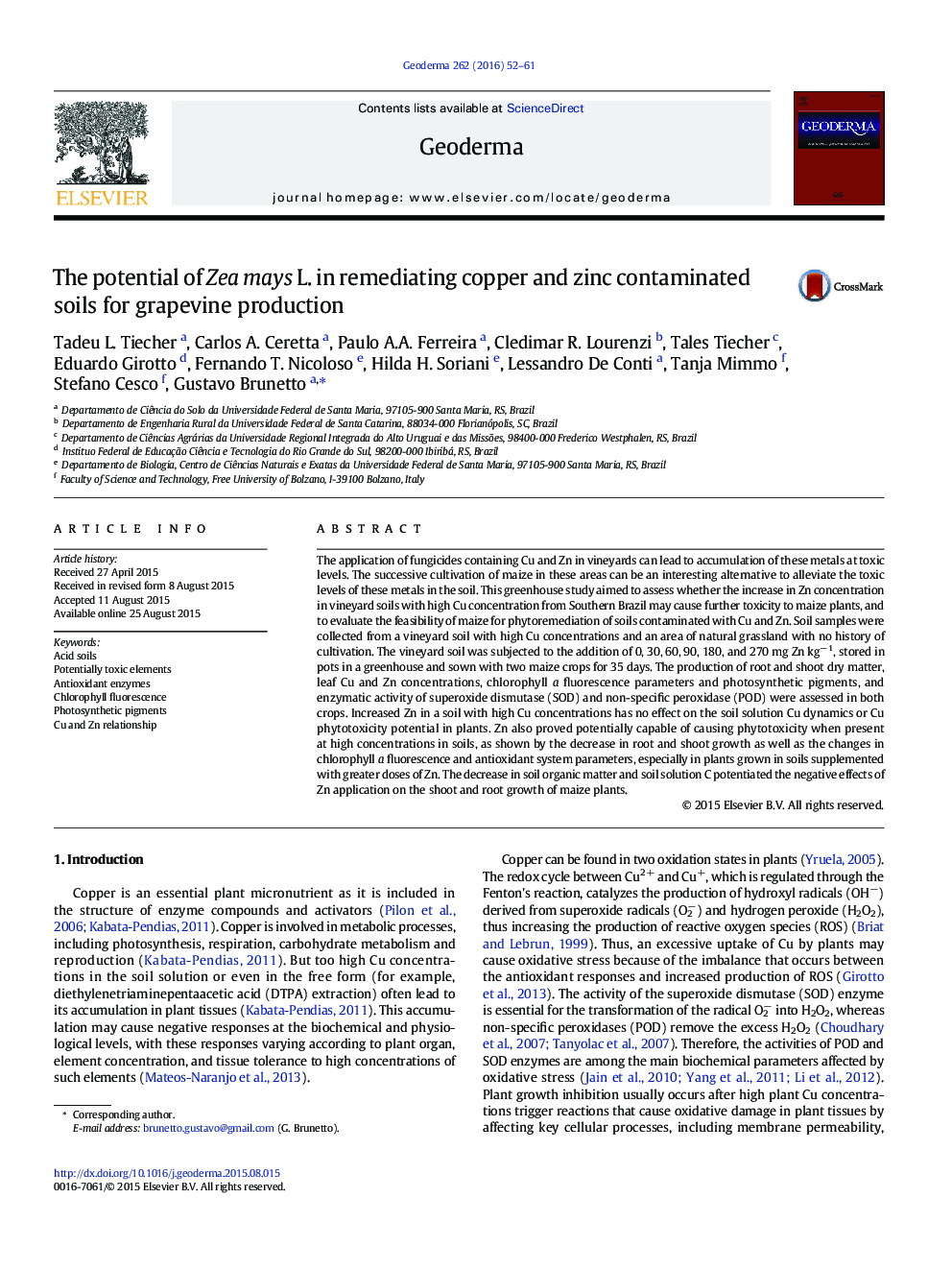 The potential of Zea mays L. in remediating copper and zinc contaminated soils for grapevine production