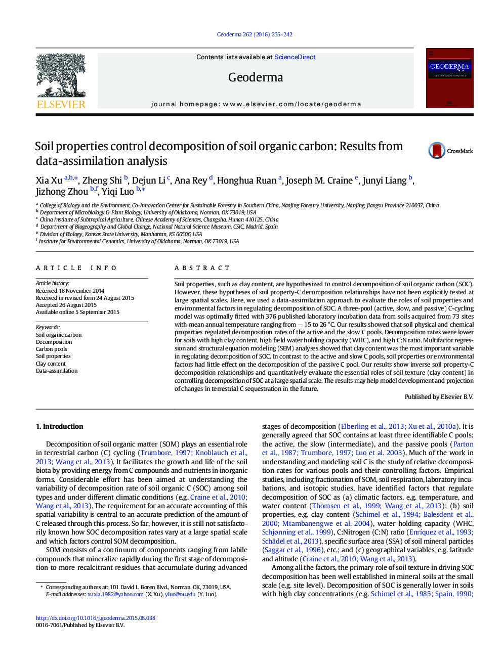 Soil properties control decomposition of soil organic carbon: Results from data-assimilation analysis