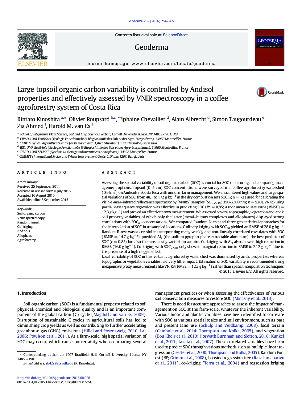 Large topsoil organic carbon variability is controlled by Andisol properties and effectively assessed by VNIR spectroscopy in a coffee agroforestry system of Costa Rica