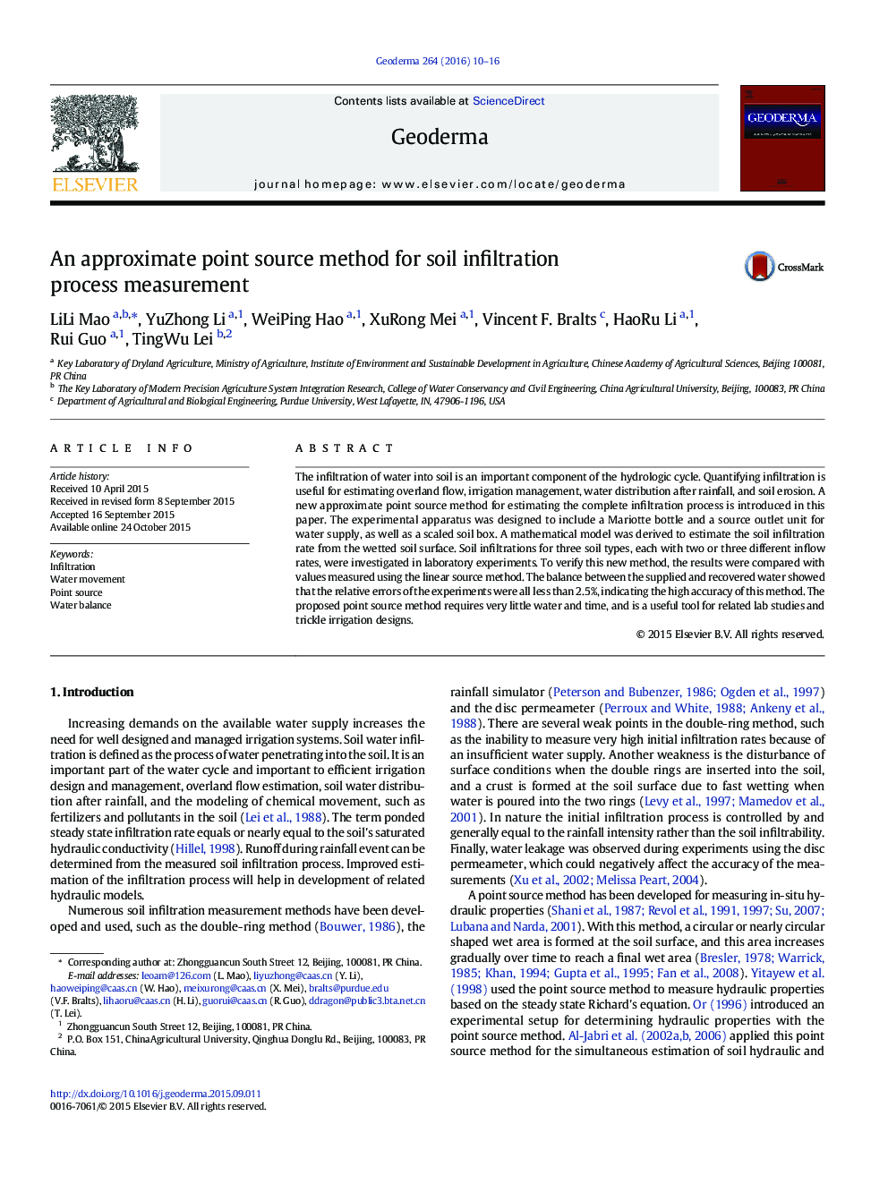 An approximate point source method for soil infiltration process measurement