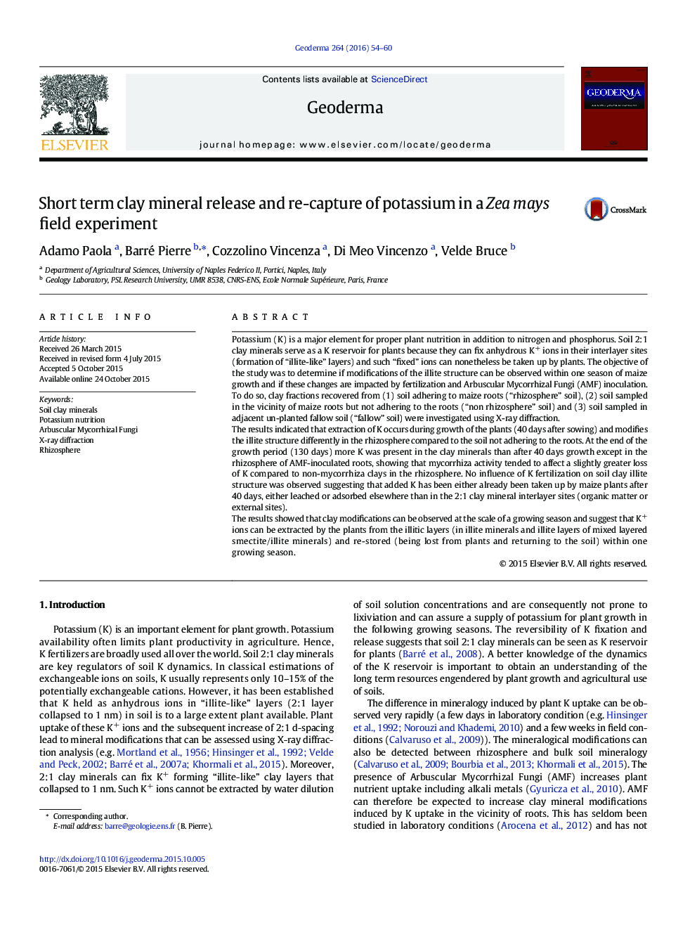 Short term clay mineral release and re-capture of potassium in a Zea mays field experiment