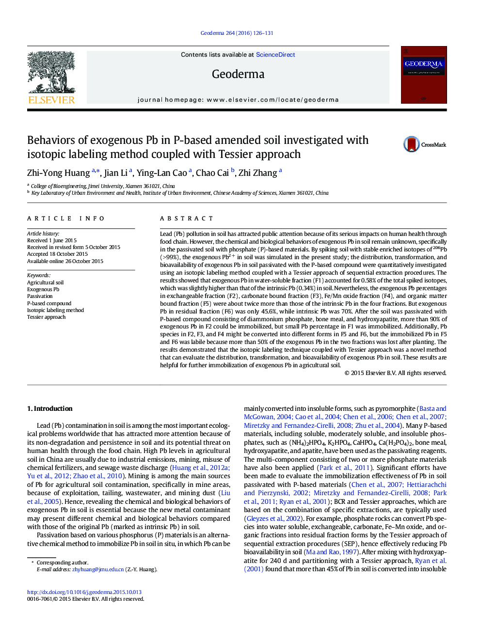 رفتارهای اگزوژن سرب در خاک اصلاح بر اساس P-با روش برچسب گذاری ایزوتوپی همراه با  بررسی رویکرد Tessier