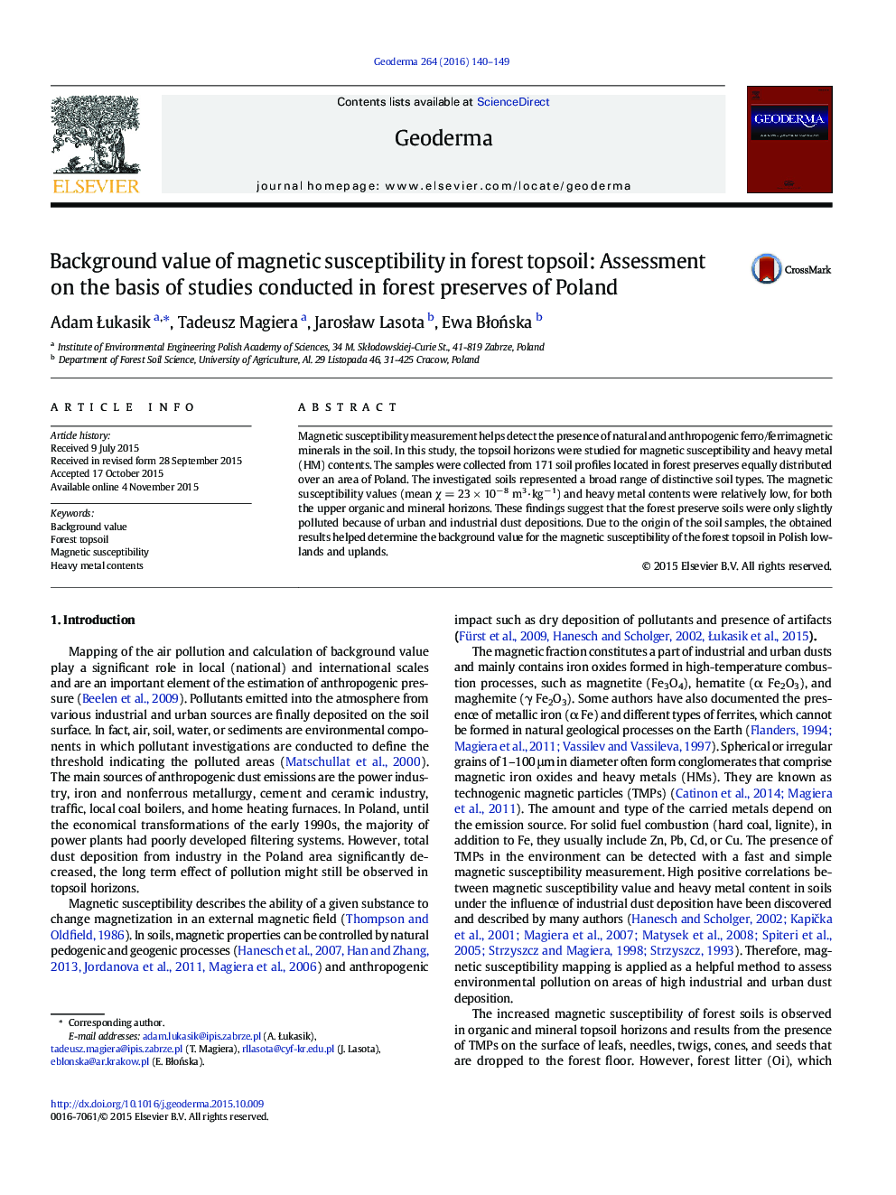 Background value of magnetic susceptibility in forest topsoil: Assessment on the basis of studies conducted in forest preserves of Poland