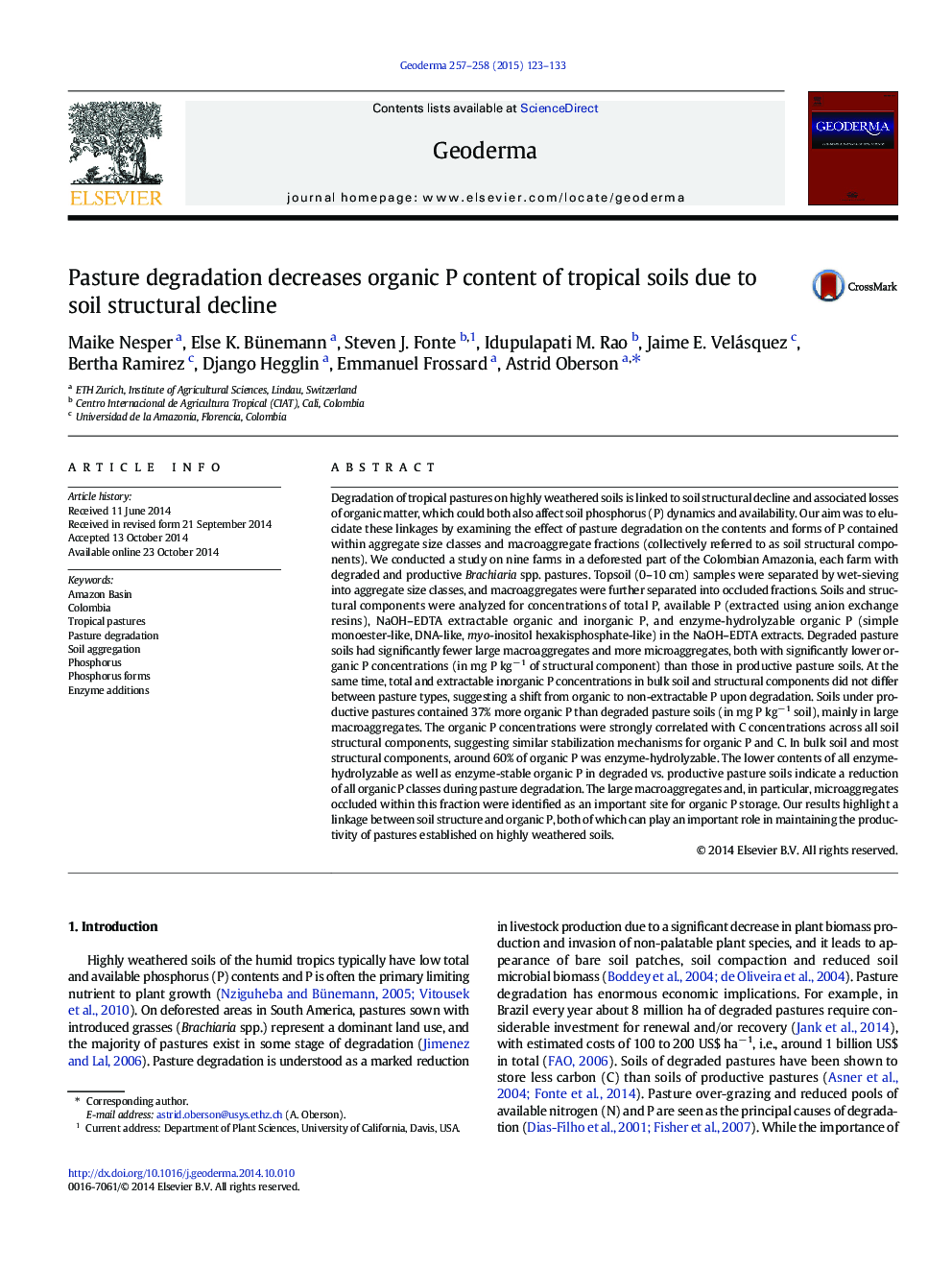 Pasture degradation decreases organic P content of tropical soils due to soil structural decline