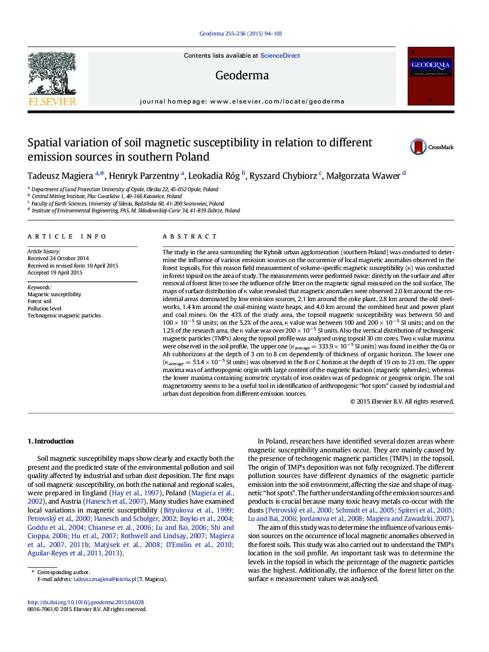 Spatial variation of soil magnetic susceptibility in relation to different emission sources in southern Poland