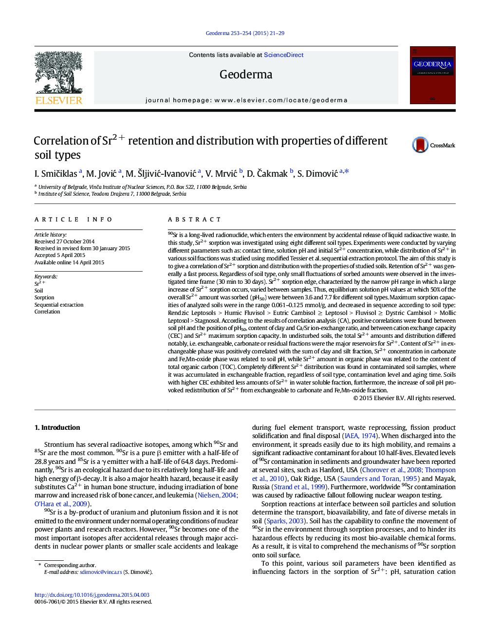 Correlation of Sr2 + retention and distribution with properties of different soil types