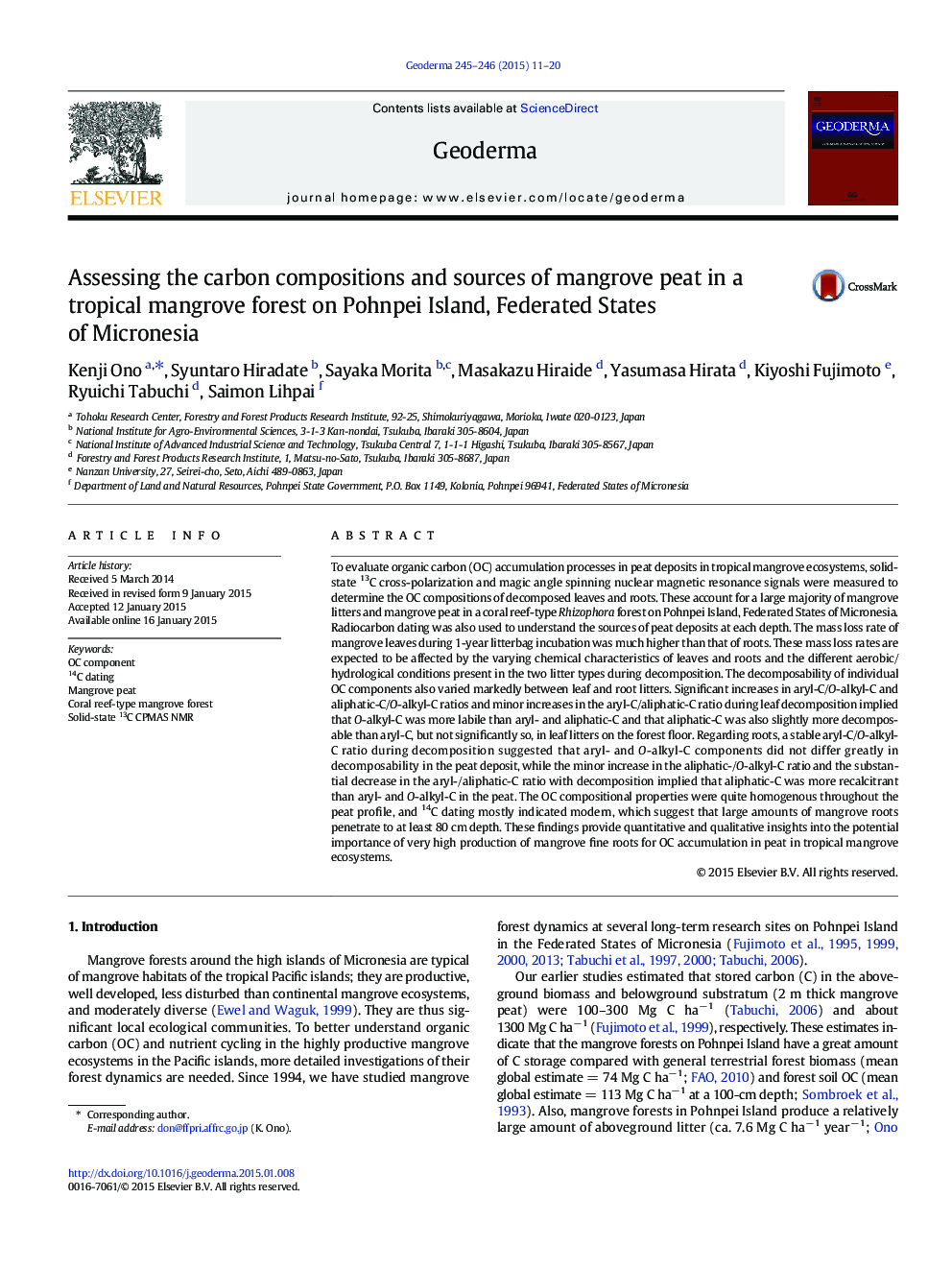 Assessing the carbon compositions and sources of mangrove peat in a tropical mangrove forest on Pohnpei Island, Federated States of Micronesia