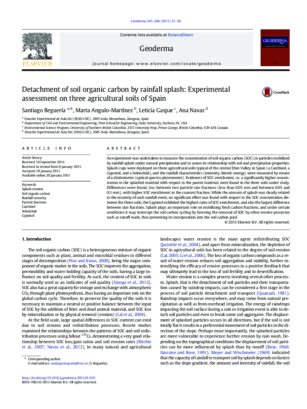 Detachment of soil organic carbon by rainfall splash: Experimental assessment on three agricultural soils of Spain