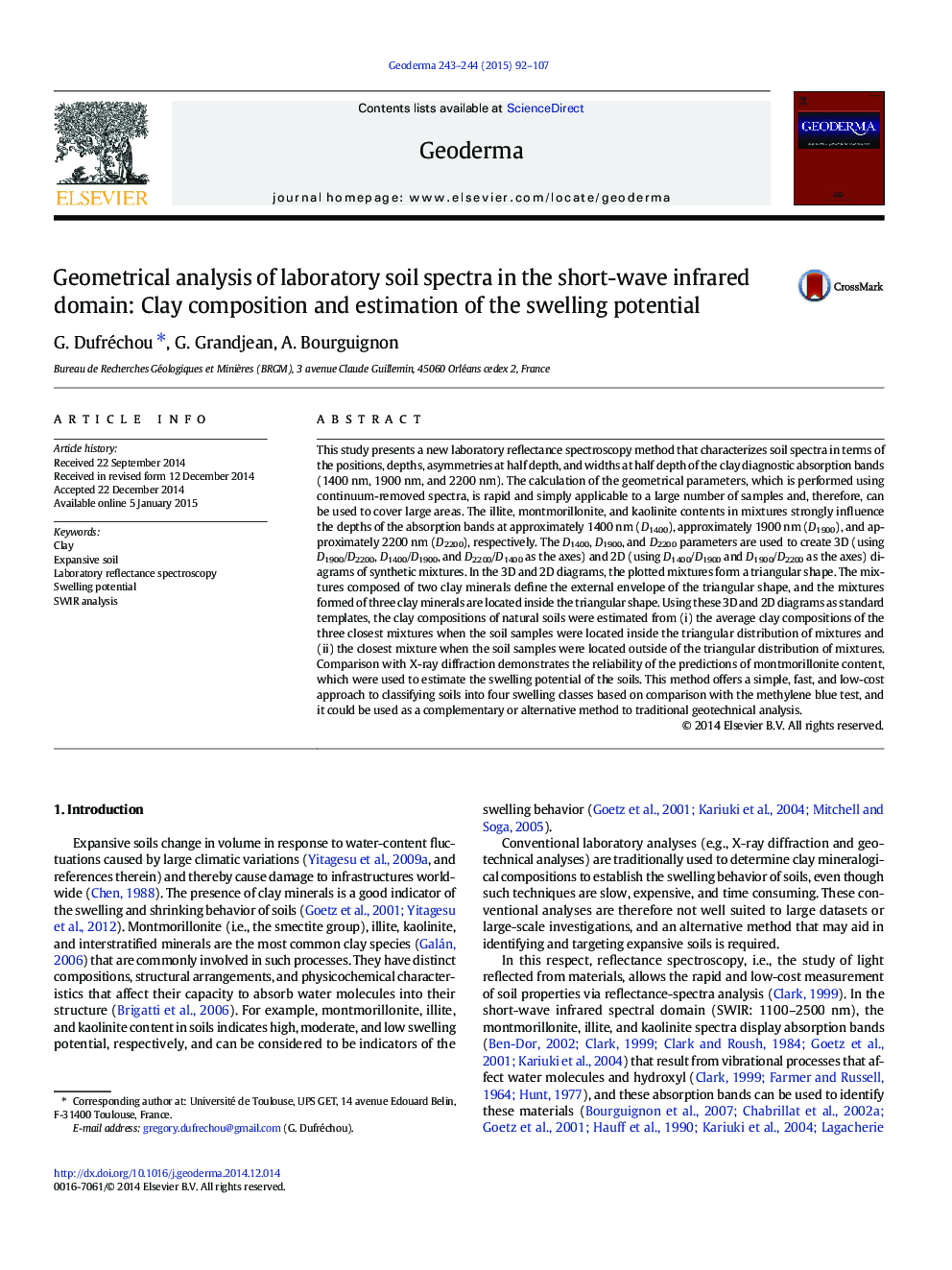 Geometrical analysis of laboratory soil spectra in the short-wave infrared domain: Clay composition and estimation of the swelling potential