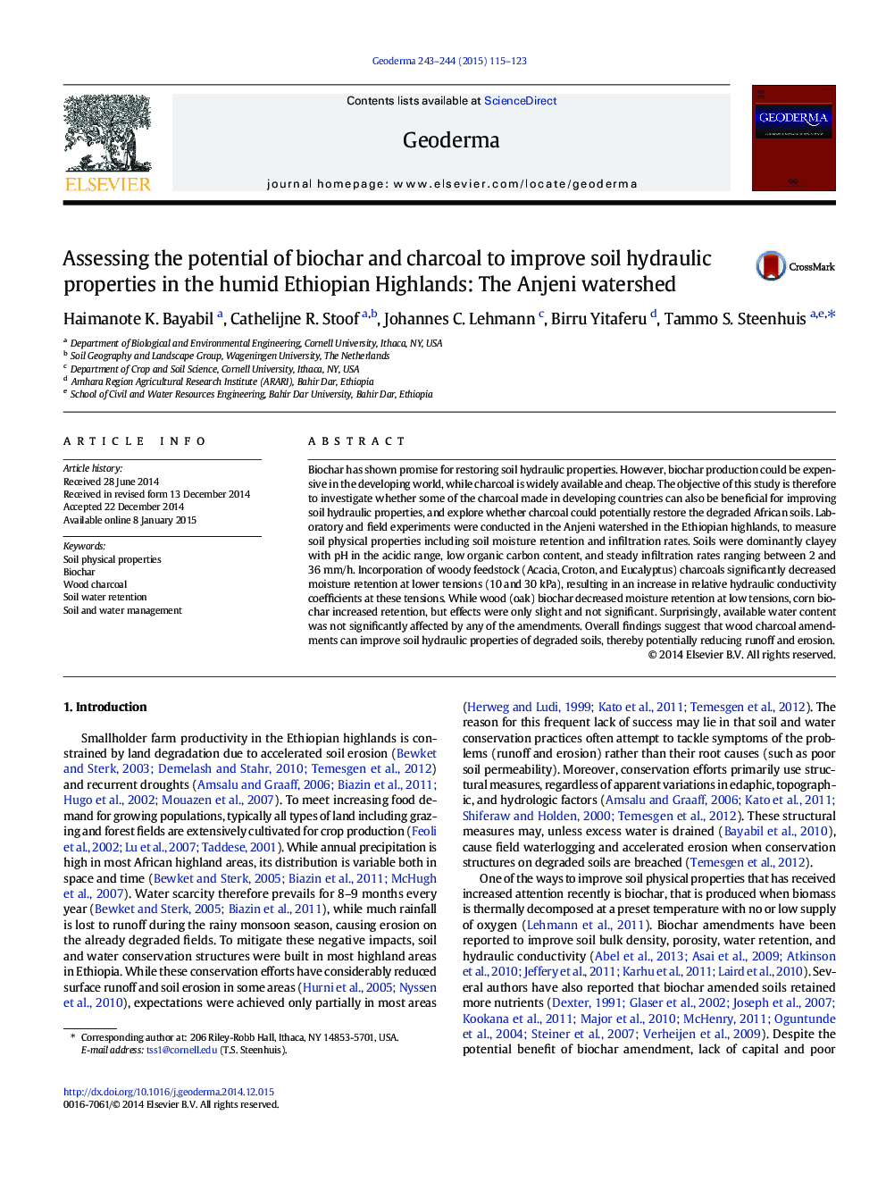 Assessing the potential of biochar and charcoal to improve soil hydraulic properties in the humid Ethiopian Highlands: The Anjeni watershed