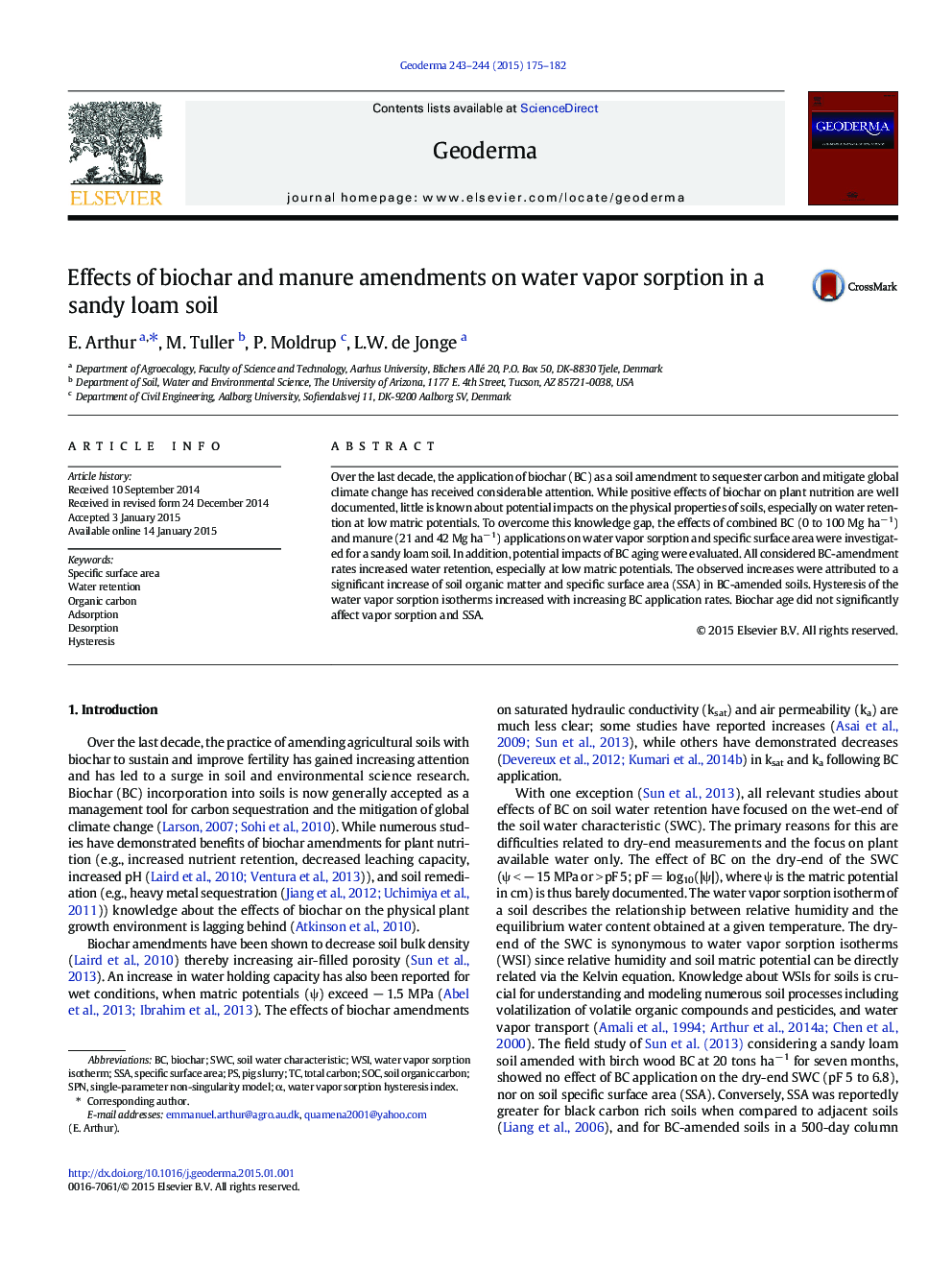 Effects of biochar and manure amendments on water vapor sorption in a sandy loam soil