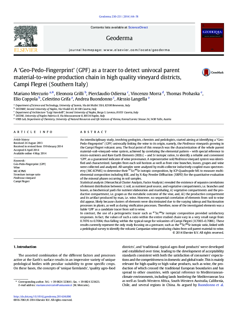 A ‘Geo-Pedo-Fingerprint’ (GPF) as a tracer to detect univocal parent material-to-wine production chain in high quality vineyard districts, Campi Flegrei (Southern Italy)