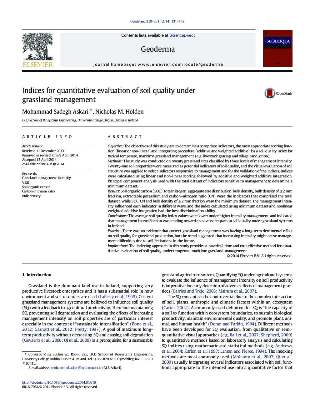 Indices for quantitative evaluation of soil quality under grassland management