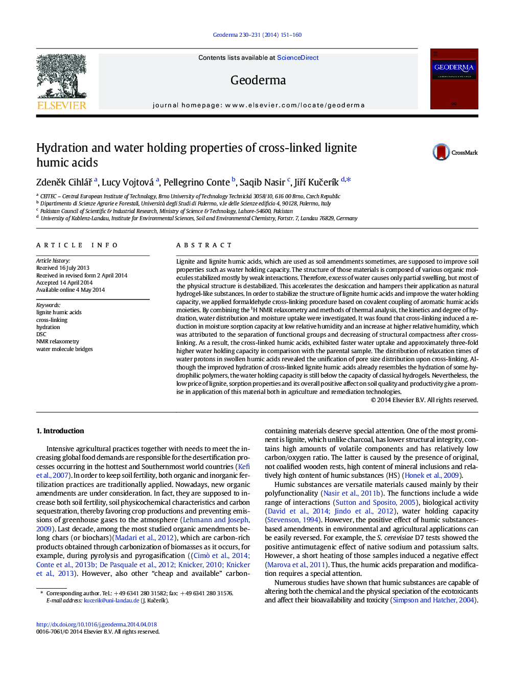 Hydration and water holding properties of cross-linked lignite humic acids