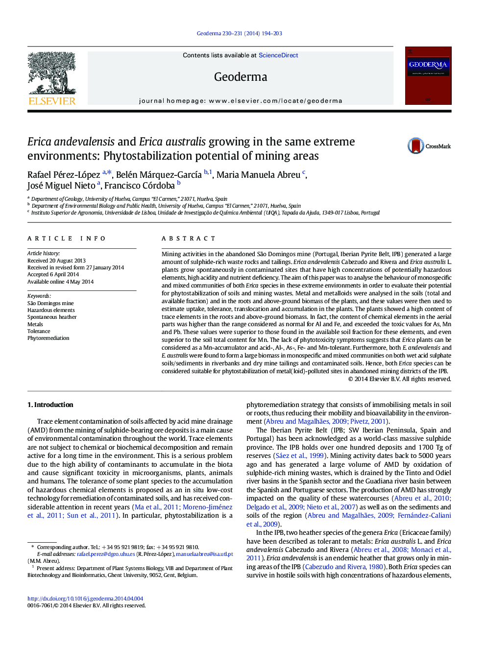 Erica andevalensis and Erica australis growing in the same extreme environments: Phytostabilization potential of mining areas