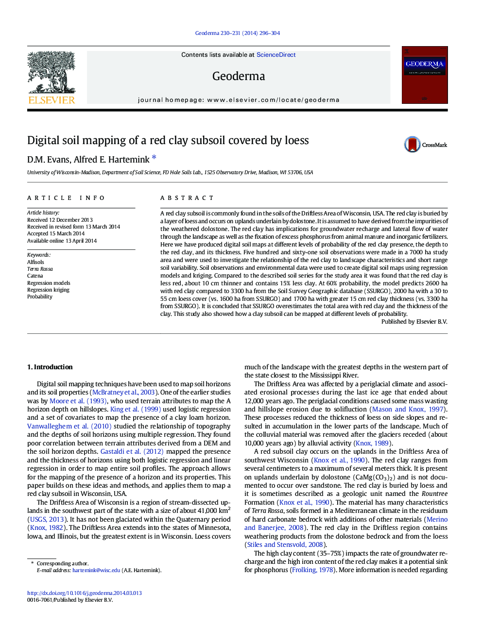 Digital soil mapping of a red clay subsoil covered by loess