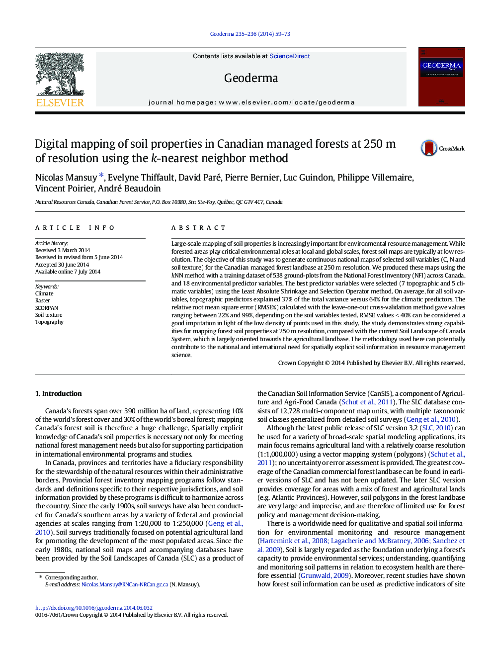 Digital mapping of soil properties in Canadian managed forests at 250 m of resolution using the k-nearest neighbor method