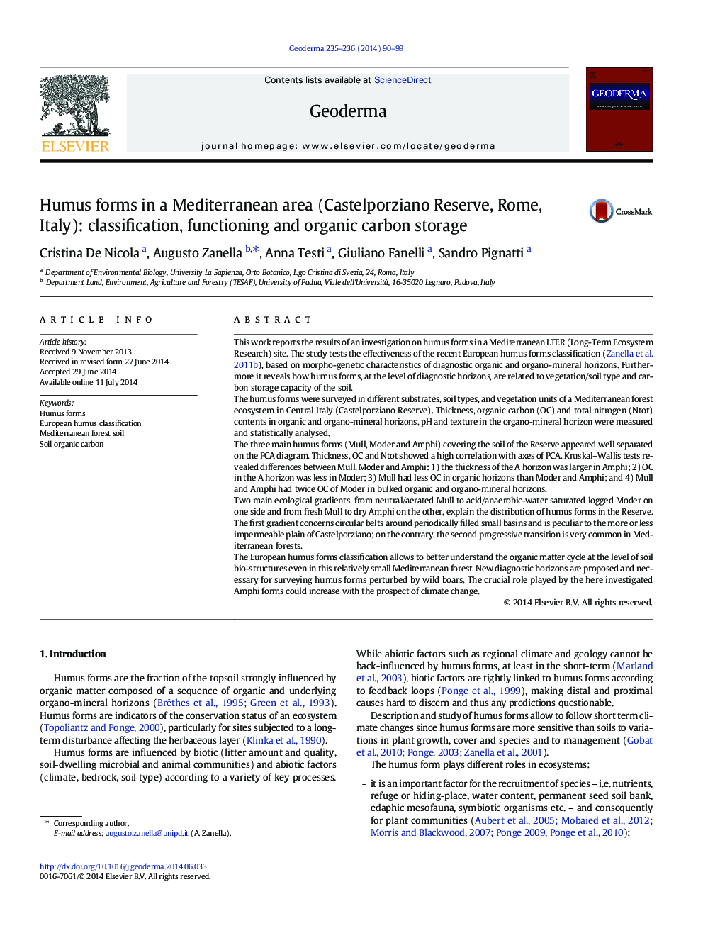 Humus forms in a Mediterranean area (Castelporziano Reserve, Rome, Italy): classification, functioning and organic carbon storage