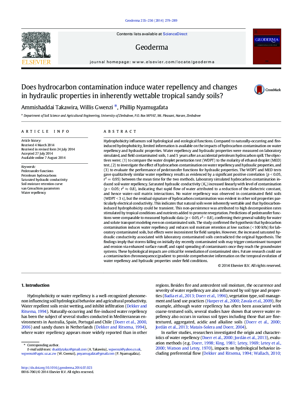 Does hydrocarbon contamination induce water repellency and changes in hydraulic properties in inherently wettable tropical sandy soils?
