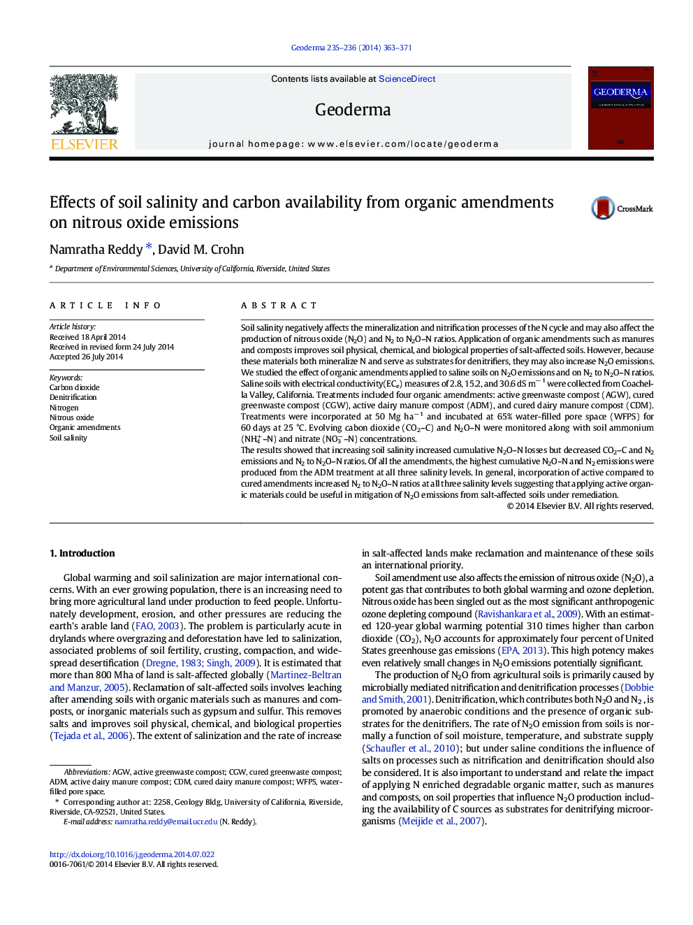 Effects of soil salinity and carbon availability from organic amendments on nitrous oxide emissions