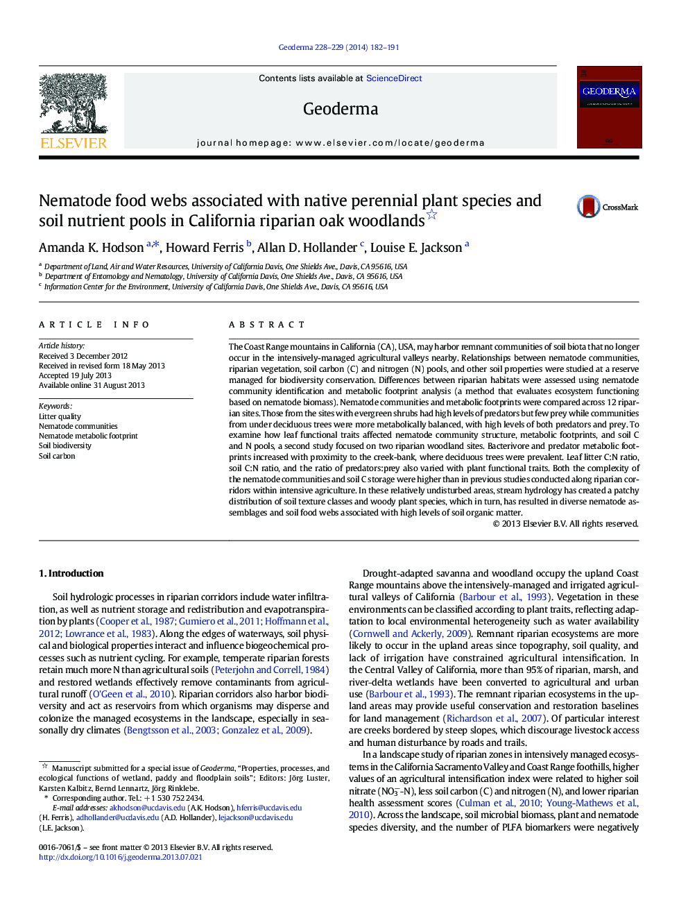 Nematode food webs associated with native perennial plant species and soil nutrient pools in California riparian oak woodlands 