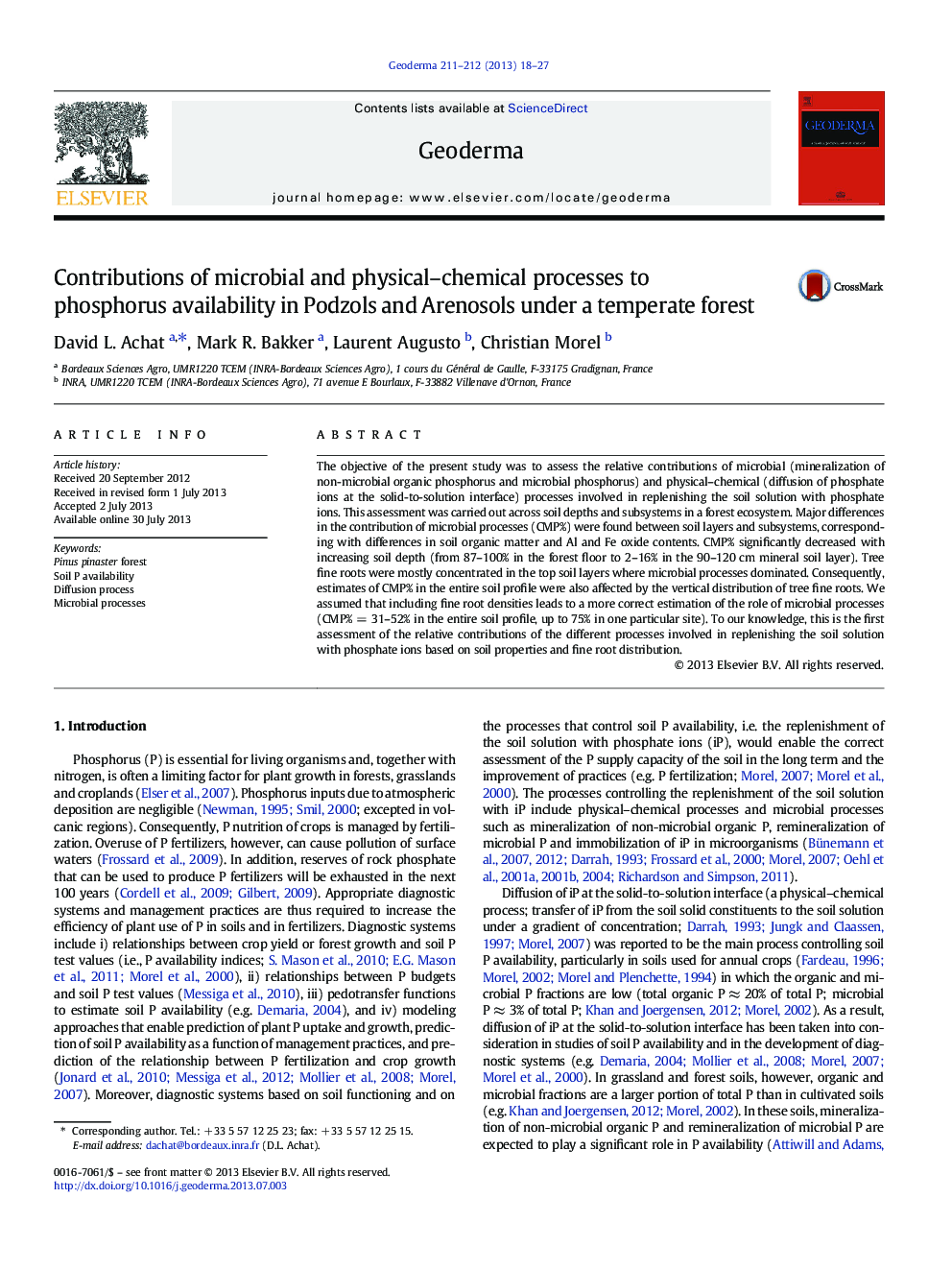 Contributions of microbial and physical–chemical processes to phosphorus availability in Podzols and Arenosols under a temperate forest