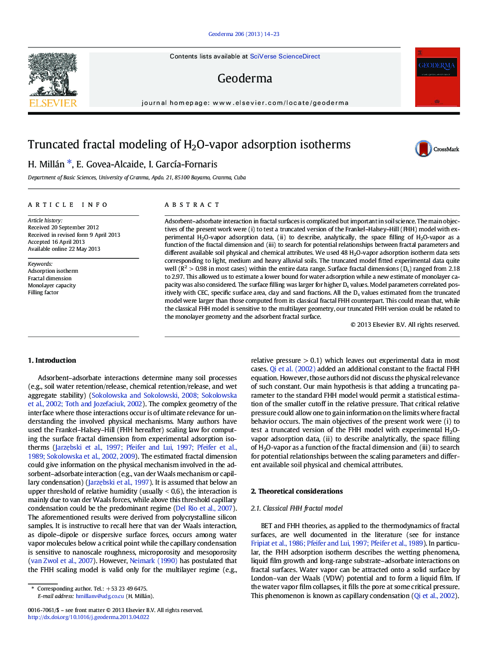 Truncated fractal modeling of H2O-vapor adsorption isotherms