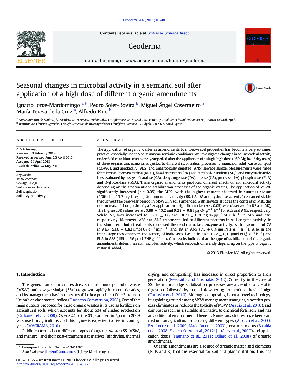 Seasonal changes in microbial activity in a semiarid soil after application of a high dose of different organic amendments