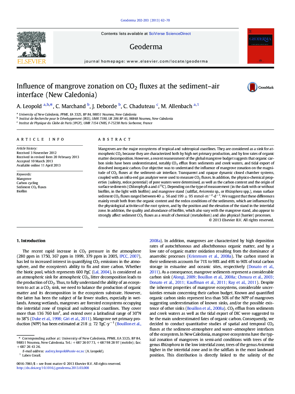 Influence of mangrove zonation on CO2 fluxes at the sediment–air interface (New Caledonia)