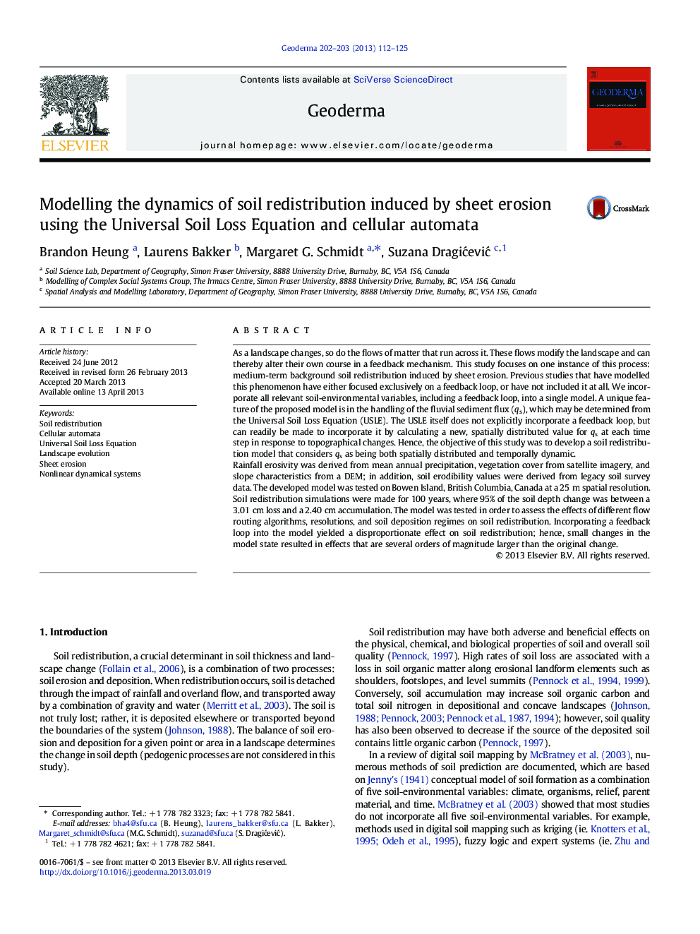 Modelling the dynamics of soil redistribution induced by sheet erosion using the Universal Soil Loss Equation and cellular automata