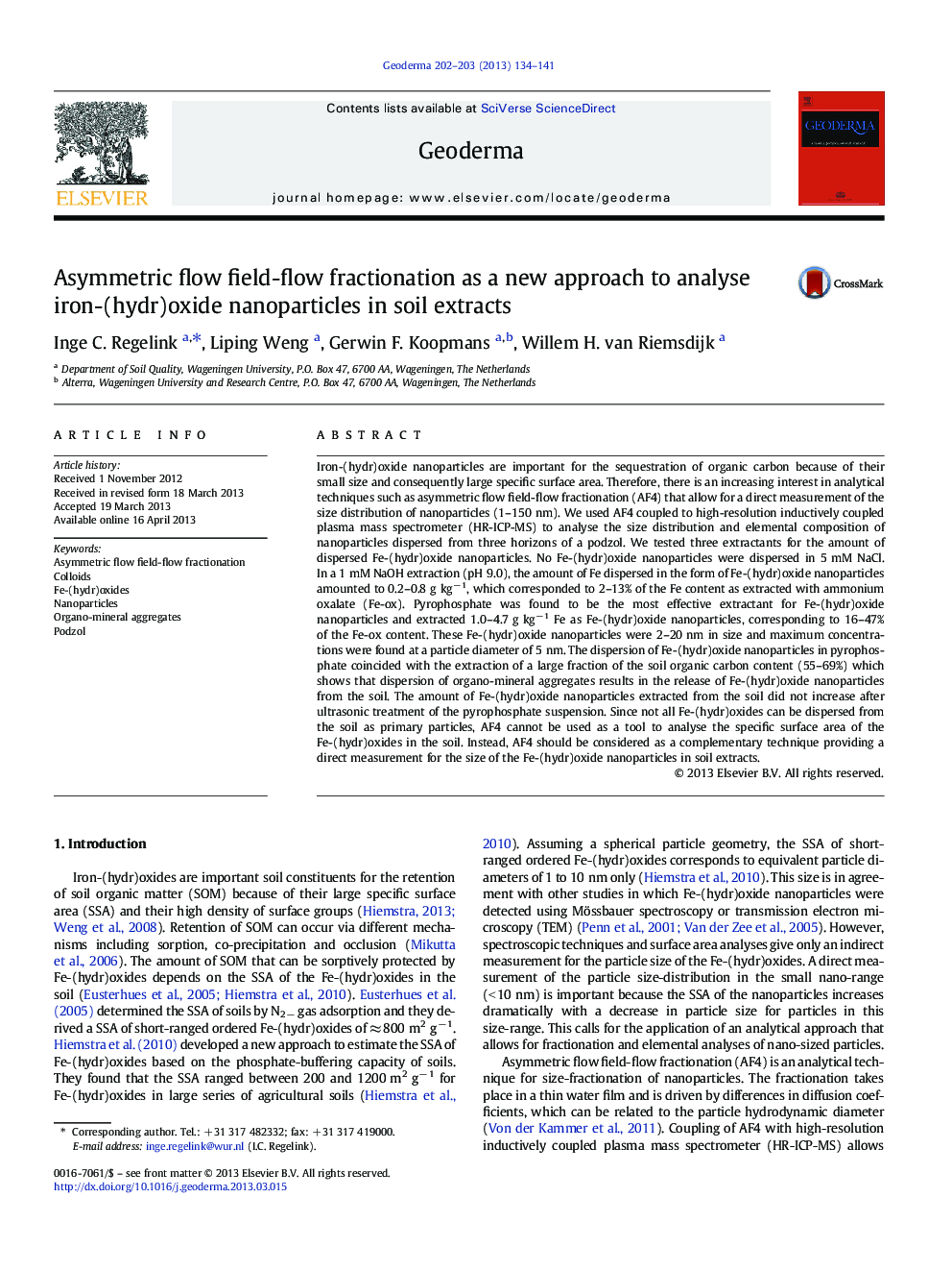 Asymmetric flow field-flow fractionation as a new approach to analyse iron-(hydr)oxide nanoparticles in soil extracts