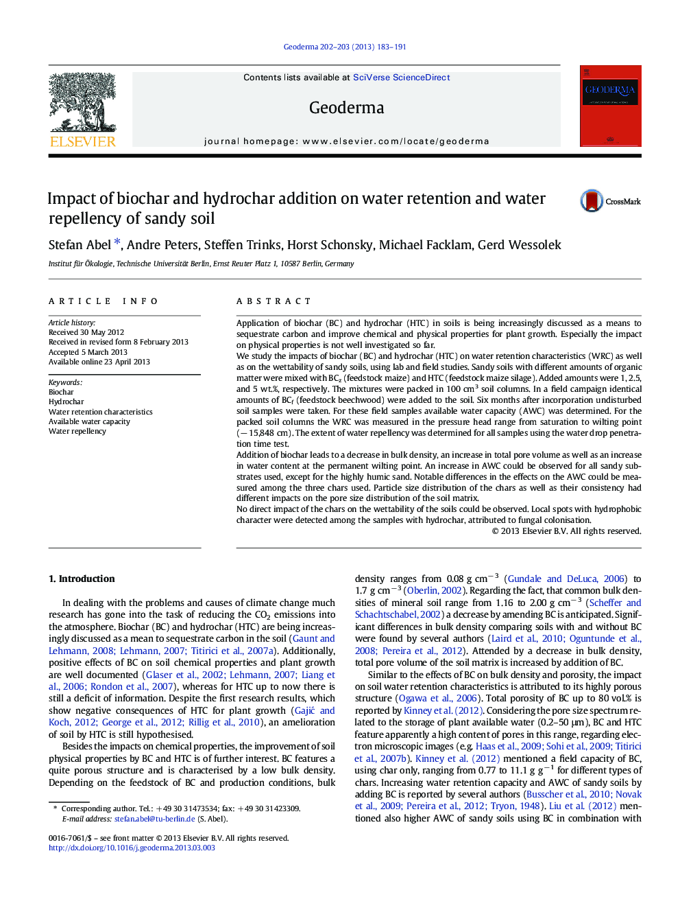 Impact of biochar and hydrochar addition on water retention and water repellency of sandy soil