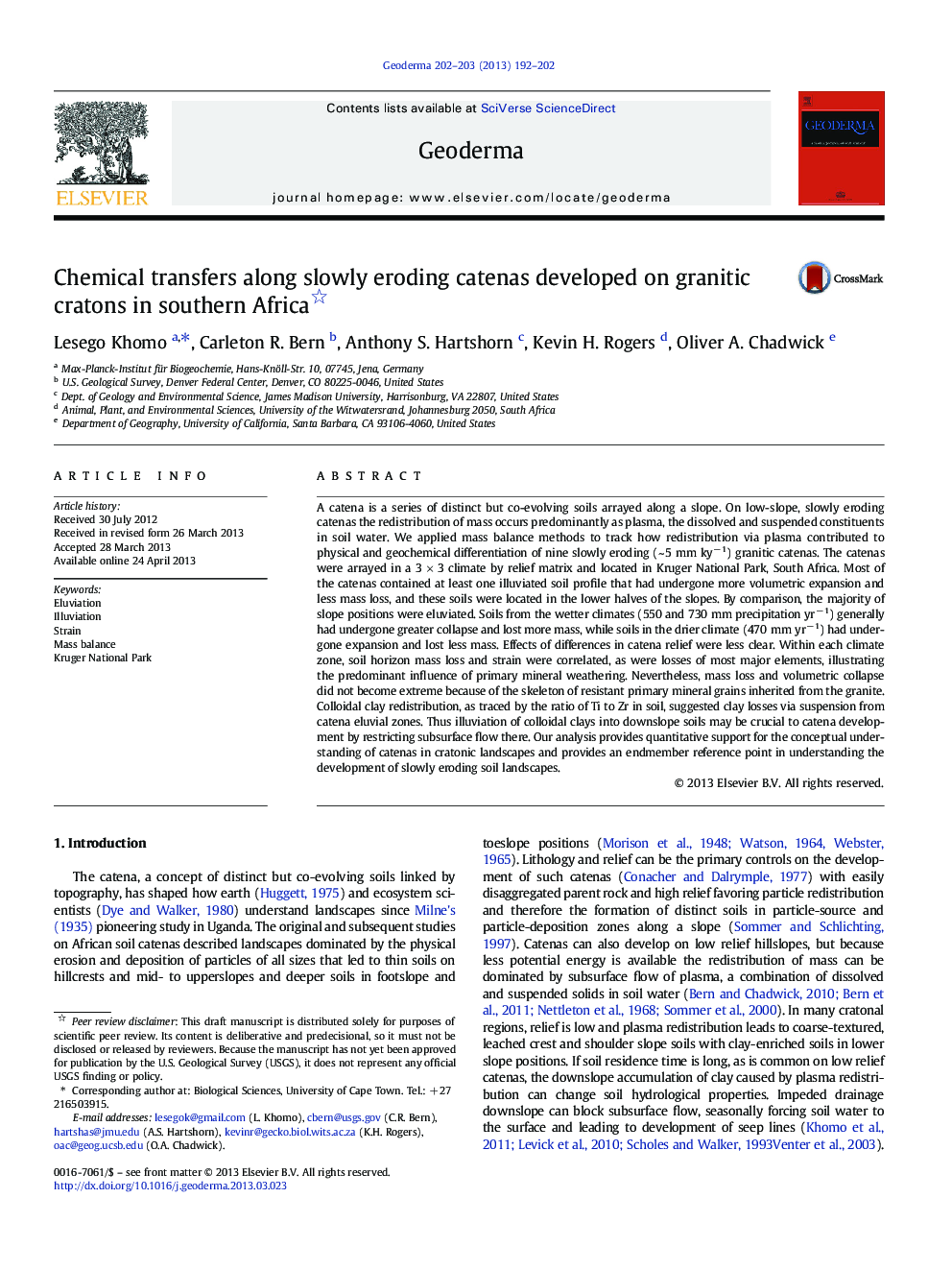 Chemical transfers along slowly eroding catenas developed on granitic cratons in southern Africa 