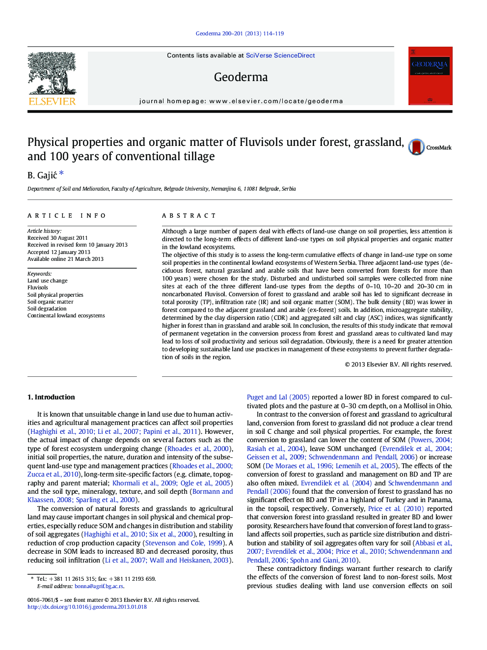 Physical properties and organic matter of Fluvisols under forest, grassland, and 100 years of conventional tillage