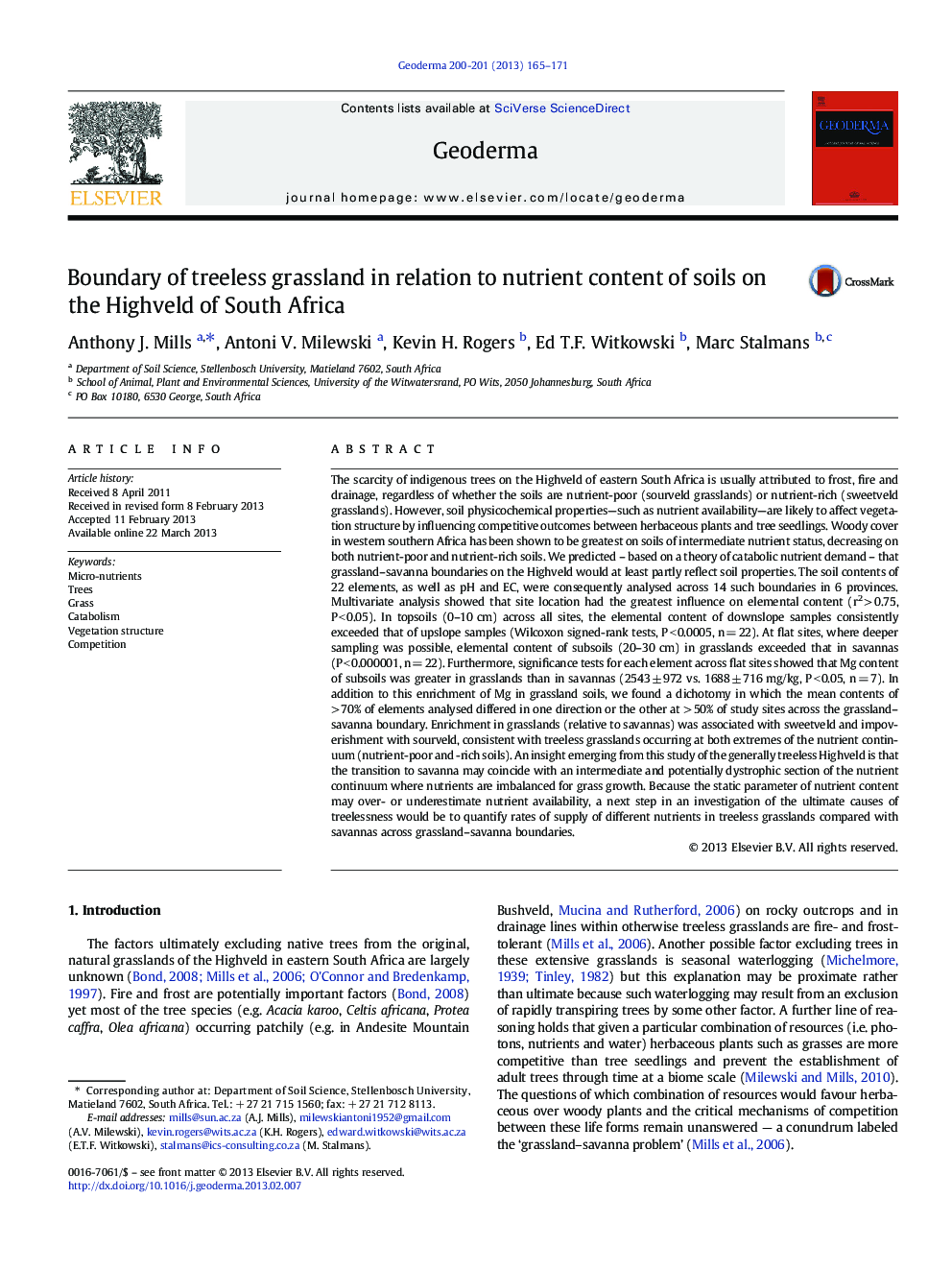 Boundary of treeless grassland in relation to nutrient content of soils on the Highveld of South Africa