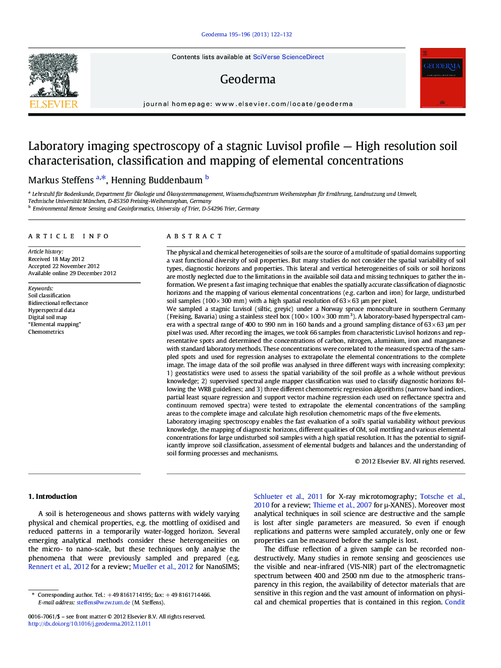 Laboratory imaging spectroscopy of a stagnic Luvisol profile — High resolution soil characterisation, classification and mapping of elemental concentrations